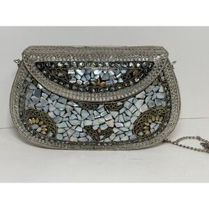handmade metal mosaic clutch bag, shell or mother-of-pearl